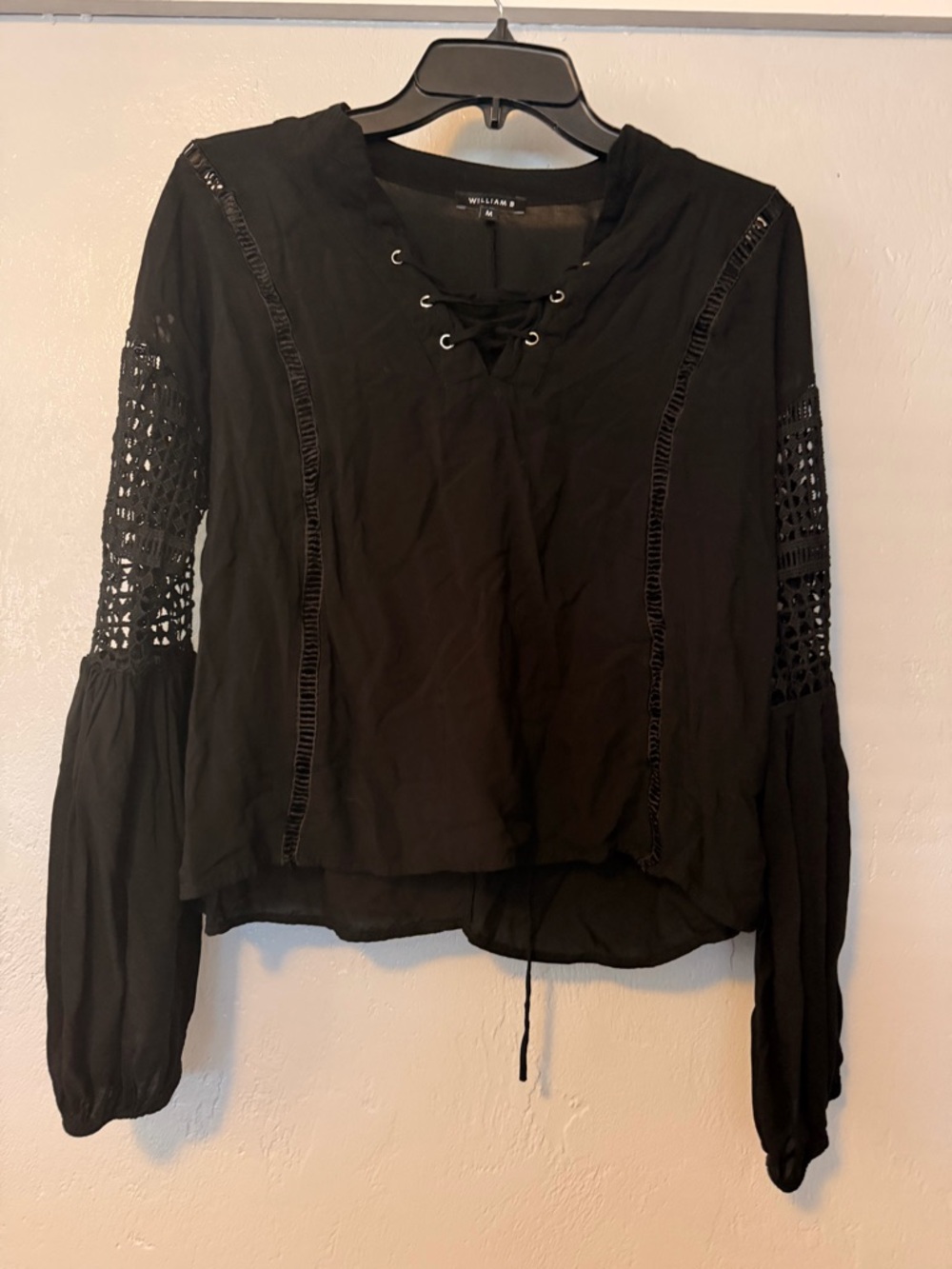 Willow & Clay Black Lace-Up Crochet Sleeve Blouse
